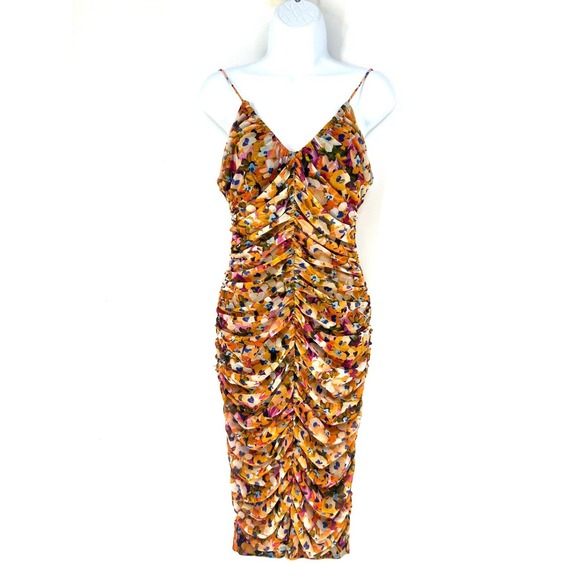 Liv Foster Sleeveless Ruched Floral-Print Midi Dress Womens Size 10 Orange Multi - Picture 1 of 14